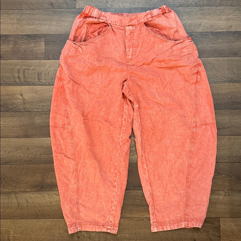 Free People NO SIZE Linen Blend Orange Balloon Pants Acid Stone Wash Bohemian